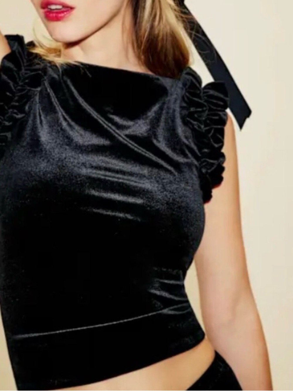 Reformation Black Velvet Ruffle Top